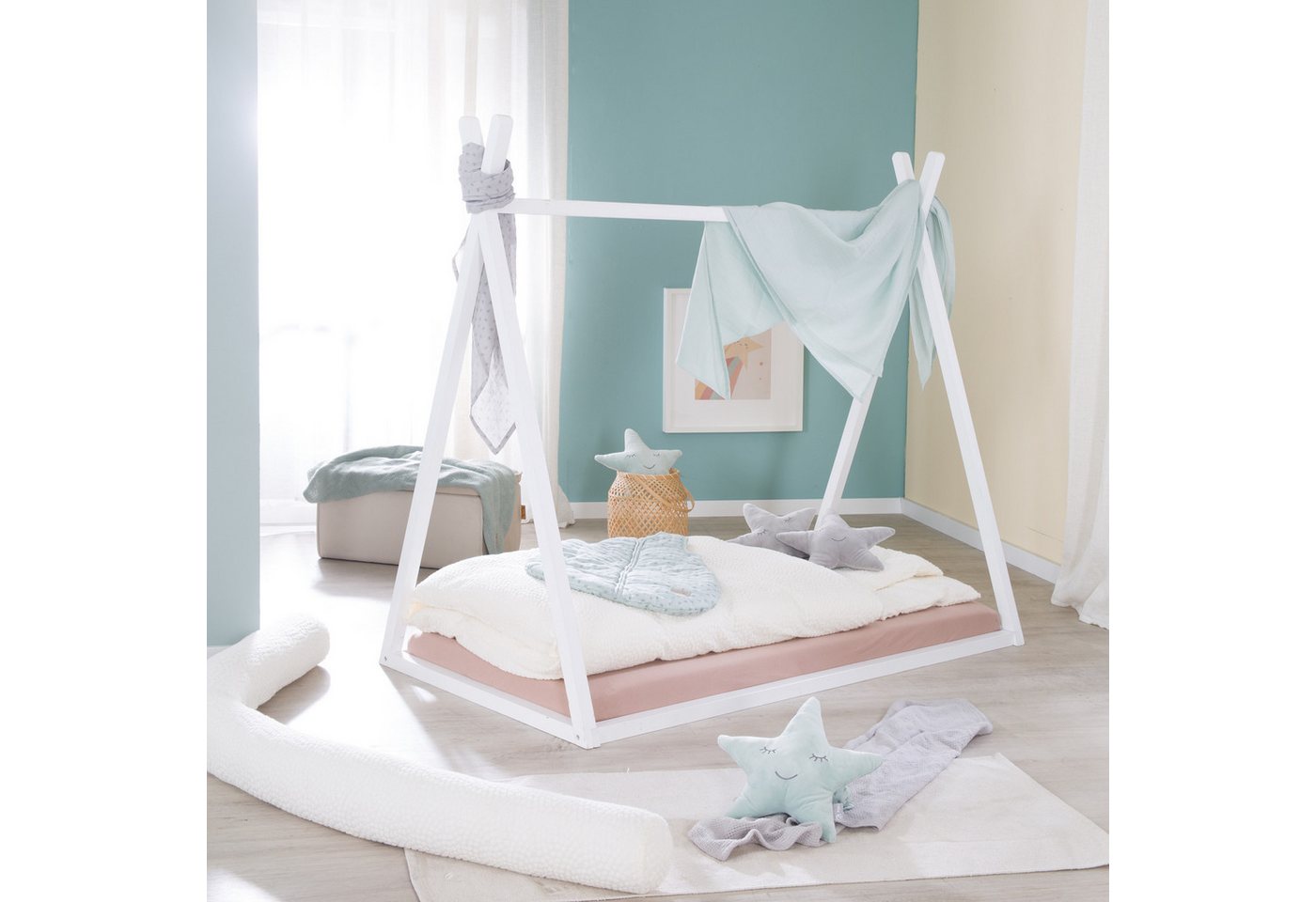 roba® Kinderbett Hausbett - nach Montessori Prinzip - FSC zertifiziertes Massivholz, Tipibett - Babybett zum Spielen, Lesen & Kuscheln - Weiß lackiert von roba®