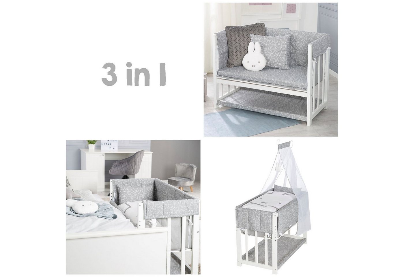 roba® Stubenbett 3in1, Miffy, weiß, zu Elternbett oder Bank umbaubar, Liegefläche höhenverstellbar von roba®