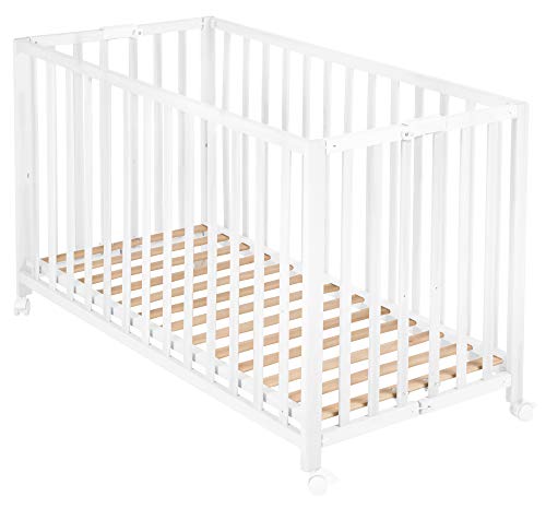 roba Klappbett Fold Up 60 x 120 - Klappbares Babybett aus Holz - 2-fach höhenverstellbar - Platzsparendes Gitterbett auf Rollen - Weiß von roba