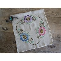 Vintage Kunst Und Handwerk Bestickt Blumen Leinen Kissen Frontcover Unbenutzt von robinseggbleunest