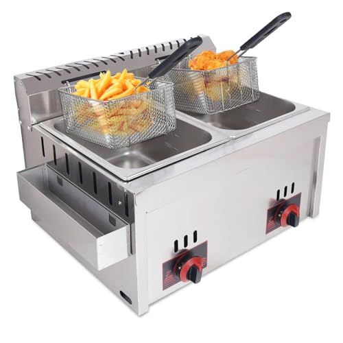robwibw Gas Fritteuse Gastro 20L Gewerbliche Doppel Gasfritteuse Edelstahl Profi Gasfritteuse Mit Pommeskorb Für Restaurant, Heimküche, Snackbar von robwibw