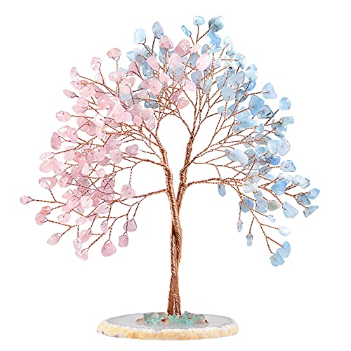 rockcloud Handgefertigter Kristall-Geldbaum mit Achat-Scheiben-Basis Baum des Lebens Feng Shui Bonsai Heimdekoration für Liebe Glück und Reichtum, Rosenquarz & Aquamarin von rockcloud