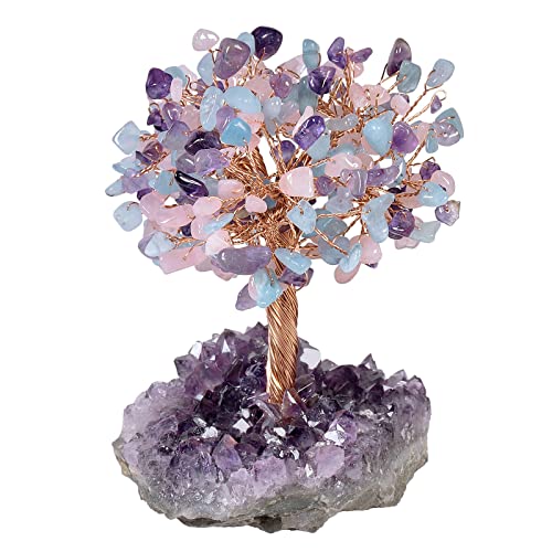 rockcloud Natürlicher Rosenquarz & Amethyst & Aquamarin Stein Geldbaum mit Amethyst Quarz Kristall Cluster Basis Bonsai Baum Feng Shui Schreibtischdekoration für Reichtum und Glück 11,4 cm - 15,2 cm von rockcloud