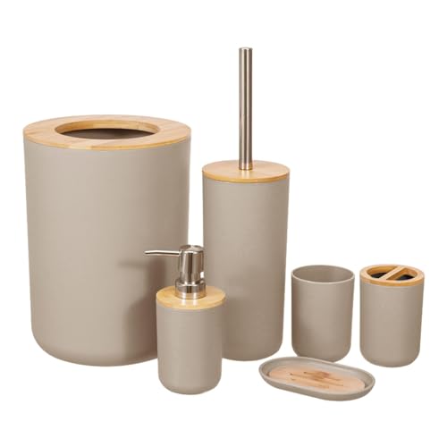 rockible 6 Teiliges Badezimmer Zubehör Set, Bad Zubehör Sets, Toilettenbürste, Seifenflasche, Moderne Badutensilien für Badezimmer, Hotel, Khaki von rockible