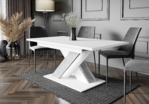 ROE Esstisch Ausziehbar 140-180x80x75 cm - Modern Esszimmertisch Bronx - Glänzend Küchentisch - Hochglanz Tisch für Esszimmer - Weiß & Beton von roe furniture