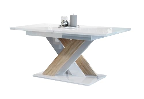 ROE Esstisch Ausziehbar 140-180x80x75 cm - Modern Esszimmertisch Bronx - Glänzend Küchentisch - Hochglanz Tisch für Esszimmer - Weiß & Holz von roe furniture