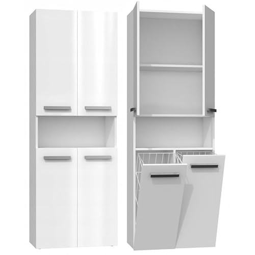 roe furniture Badezimmerschrank 60 cm, Hochschrank mit 2 Körben und offenen sowie geschlossenen Ablagen, Beistellschrank mit Türen, Badmöbel für Stauraum und Ordnung, Weiß Hochglanz von roe furniture