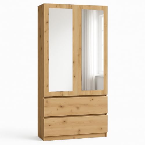 roe furniture Kleiderschrank mit Spiegel 2 Türen 2 Schubladen mit Kleiderstange – Garderobenschrank für Schlafzimmer, Flur oder Ankleidezimmer Spiegelschrank aus Holzwerkstoff, 85,7×180×57 cm von roe furniture