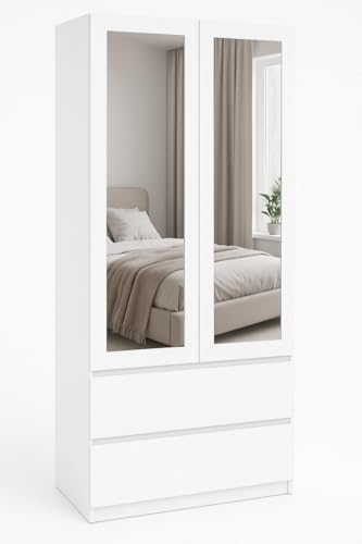 roe furniture Kleiderschrank mit Spiegel 2 Türen 2 Schubladen mit Kleiderstange – Garderobenschrank für Schlafzimmer, Flur oder Ankleidezimmer Spiegelschrank aus Holzwerkstoff, 85,7×180×57 cm von roe furniture
