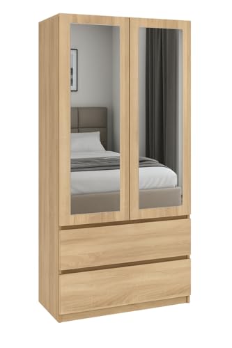 roe furniture Kleiderschrank mit Spiegel 2 Türen 2 Schubladen mit Kleiderstange – Garderobenschrank für Schlafzimmer, Flur oder Ankleidezimmer Spiegelschrank aus Holzwerkstoff, 85,7×180×57 cm von roe furniture