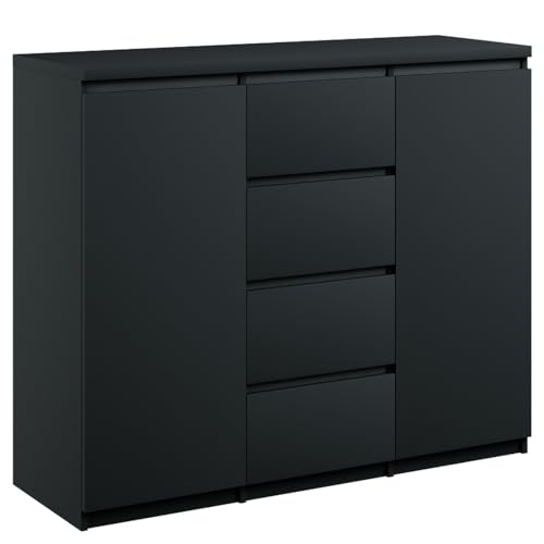 roe furniture Kommode mit 4 Schubladen & 2 Schränke - Modern Schubladenschrank - Komodenschrank - Schubladenkommode 120 cm Breit - Schwarze Matte von roe furniture