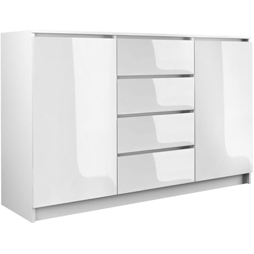 roe furniture Kommode mit 4 Schubladen & 2 Schränke - Modern Schubladenschrank - Komodenschrank - Schubladenkommode 140 cm Breit - Weiß Hochglanz von roe furniture