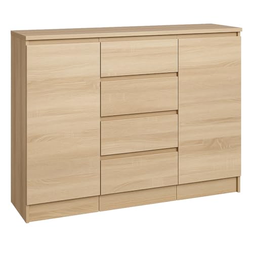 roe furniture Kommode mit 4 Schubladen und 2 Schränken, Kommodenschrank 120 cm Breit – Stauraummöbel für Wohnzimmer, Schlafzimmer oder Flur – Modernes Design – 120x35x98 cm von roe furniture
