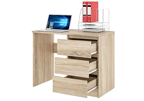 roe furniture Schreibtisch mit 3 Schubladen, Bürotisch Computertisch Klein Arbeitstisch PC-Tisch Kinderschreibtisch mit Stauraum, Moderner Schreibtisch, 90x50x76 cm (Sonoma) von roe furniture