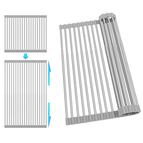 romise Verstellbares, aufrollbares Abtropfgestell für 25.4 cm – 50.8 cm Küchenspülen, faltbar über der Spüle, Abtropfgestell, tragbares Edelstahl-Abtropfgestell, Spülbecken, Matte, Untersetzer, Grau von romise