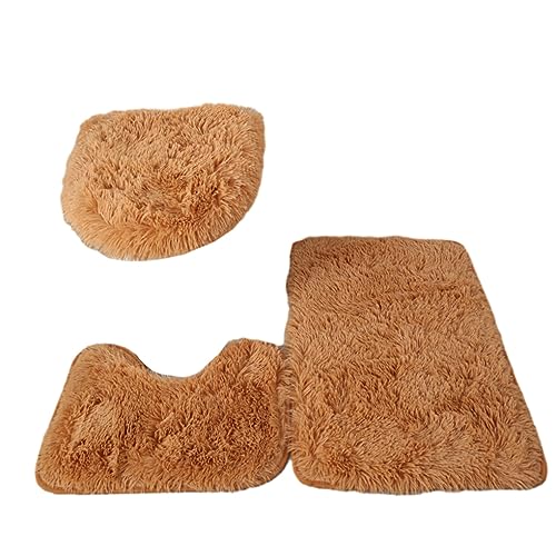 rongweiwang 3 teiliges exquisites Handwerkskunst und rutschfestes Badezimmerteppich Set für stilvolle Touch PU Teppiche, Matten Set, WC Abdeckung, hergestellt aus PU, Khaki von rongweiwang