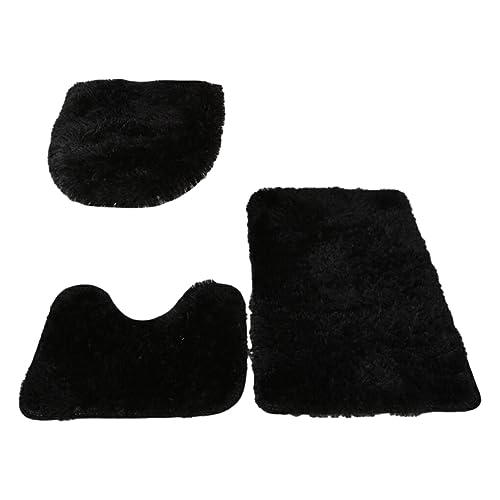 rongweiwang 3 teiliges exquisites Handwerkskunst und rutschfestes Badezimmerteppich Set für stilvolle Touch PU Teppiche, Matten Set, WC Abdeckung, hergestellt aus PU, Schwarz von rongweiwang