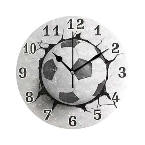 rongweiwang Fußball Ball Druck, runde Acryl Wanduhr, genaue Zeitmessung und einzigartiger Stil, Zeitlose Fußball Wanduhr mit Rissen von rongweiwang