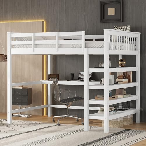 roomfitters Hochbett 140x200 mit Stauraumfächern und integriertem Schreibtisch, Bettgestell aus Holz, Weiß von roomfitters
