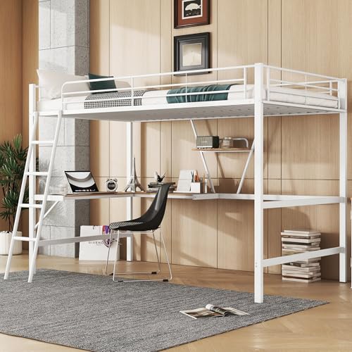 roomfitters Hochbett 90x200 cm mit L-förmigem Schreibtisch, Bücherregal und stabilem Metallrahmen, Weiß von roomfitters