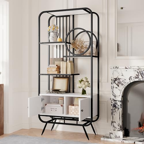 roomfitters Metallregal mit Doppeltürschrank, Regalböden, hohen Füßen und weiß-schwarzem Design, runde Details, Schwarz Weiß von roomfitters