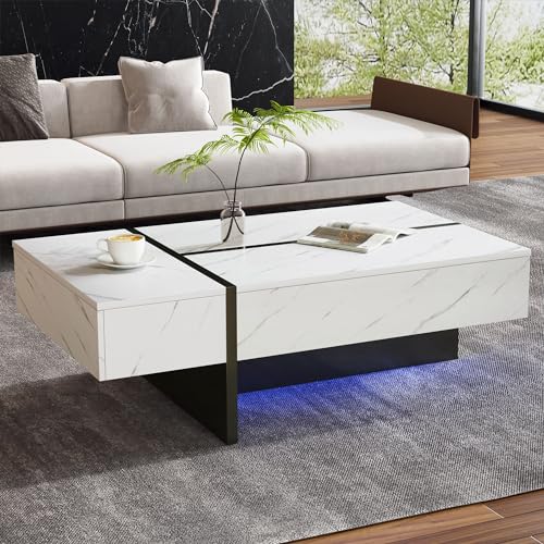 roomfitters Moderner Couchtisch mit Beleuchtung, Marmormuster, 105x60x35 cm, unregelmäßiges Design, Weiß von roomfitters