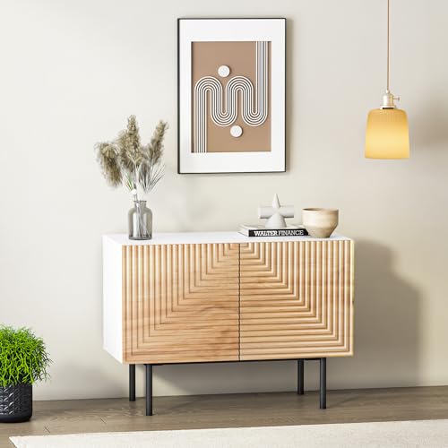 roomfitters Mid-Century Sideboard Buffetschrank, Moderner Akzent-Schrank mit Schnitz Design, Küchenschrank mit Doppeltür, Credenza Flurschrank mit Stauraum, Kommode Holz Wohnzimmer aus Pappelholz von roomfitters