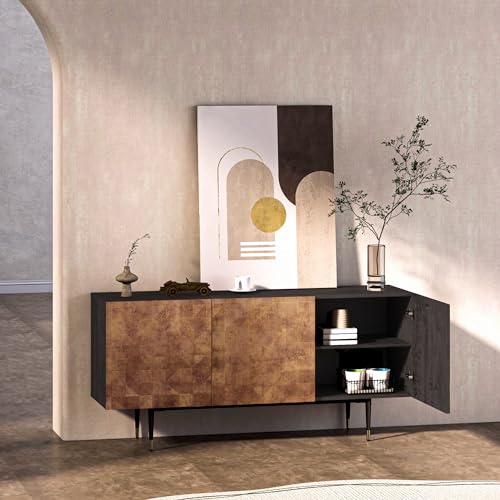 roomfitters Modernes TV Schrank, Fernsehschrank mit 3 geschnitzt wirkenden Türen, Sideboard mit konischen Beinen in Gold, Retro-Braun TV Möbel, Holzkohle-Walnuss-Farbe roomfitters Modernes TV Schrank, Fernsehschrank mit 3 geschnitzt wirkenden Türen, Sideboard mit konischen Beinen in Gold, Retro-Braun TV Möbel, Holzkohle-Walnuss-Farbe von roomfitters