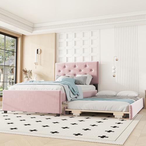 roomfitters Polsterbett 90x200 mit Rollcontainer und Lattenrost, modernes Samtbett mit Stauraumfunktion, Rosa von roomfitters
