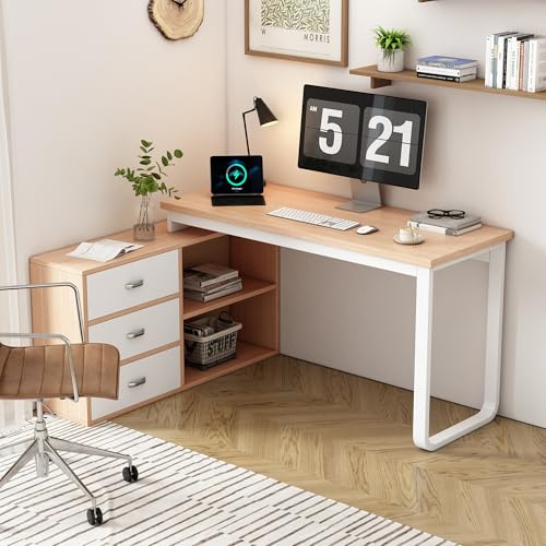 roomfitters Schreibtisch mit DREI Schubladen, offenen Ablagefächern, massiven Stahlrohren und robuster Tischplatte, Natur von roomfitters