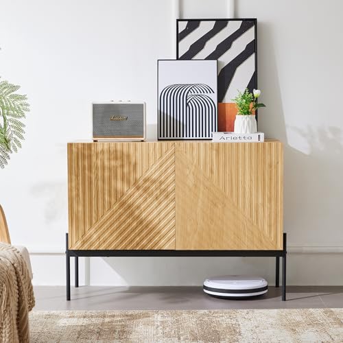 roomfitters Sideboard mit 2 Türen und Metallfüßen, modernes Buffet oder Anrichte mit Linienstruktur, Natur von roomfitters
