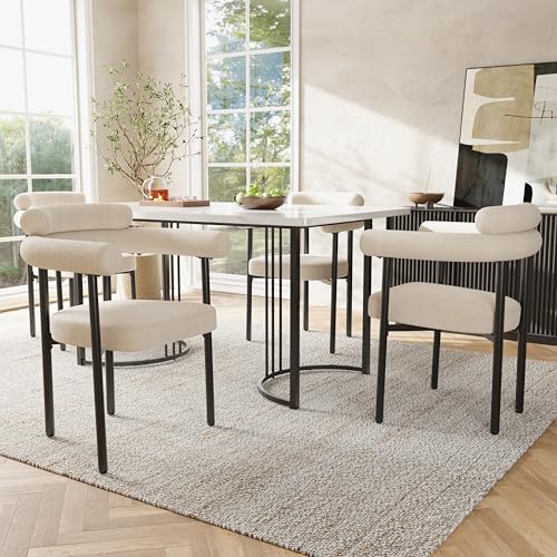 roomfitters Table à Manger Avec 4 Fauteuils Tissu Daim Crème, Pieds Métal Design, Ensemble Salle à Manger Confortable, Set 5 Pièces, Crème von roomfitters