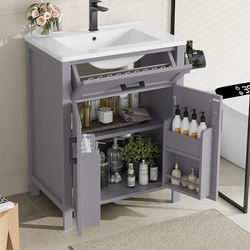 roomfitters Waschbeckenunterschrank mit Doppeltüren, Schubladen und verstellbaren Regalen, Keramikbecken, Grau von roomfitters
