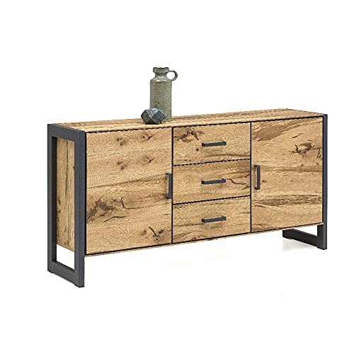 roominado Sideboard Janne 167,5x80,5x40cm Balkeneiche furniert 2 Türen 3 Schubkästen NEU von roominado