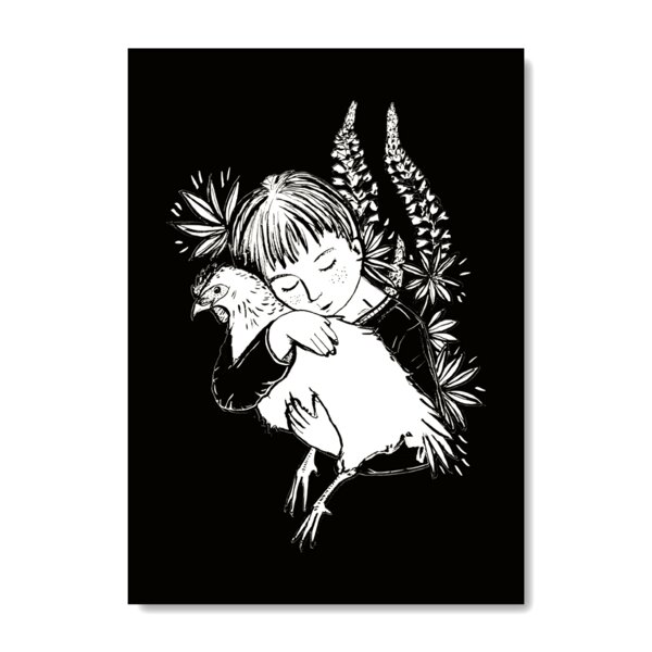 roots of compassion Kunstdruck Poster chicken hug - hochbrillante Ökofarben | 100 % Recyclingpapier - Tiere, Huhn, vegan von roots of compassion