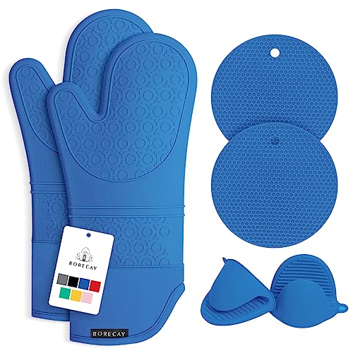 Rorecay Ofenhandschuhe & Topflappen Set - Extra Lange Küchenhandschuhe aus Silikon mit Mini-Schnapphandschuhen und Topflappen für die Küche zum Backen, Kochen oder Grillen 6er-Pack, Blau von rorecay