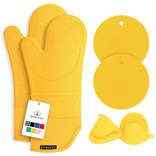 Rorecay Ofenhandschuhe & Topflappen Set - Extra Lange Küchenhandschuhe aus Silikon mit Mini-Schnapphandschuhen und Topflappen für die Küche zum Backen, Kochen oder Grillen 6er-Pack, Gelb von rorecay