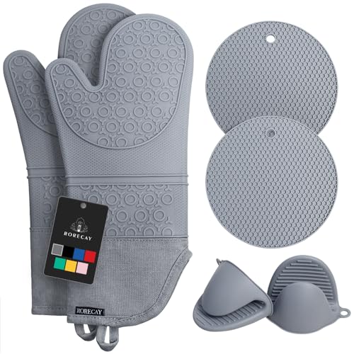 Rorecay Ofenhandschuhe & Topflappen Set - Extra Lange Küchenhandschuhe aus Silikon mit Mini-Schnapphandschuhen und Topflappen für die Küche zum Backen, Kochen oder Grillen 6er-Pack, Grau von rorecay