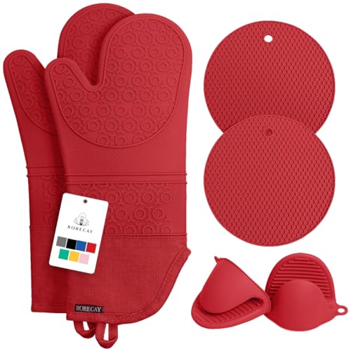 Rorecay Ofenhandschuhe & Topflappen Set - Extra Lange Küchenhandschuhe aus Silikon mit Mini-Schnapphandschuhen und Topflappen für die Küche zum Backen, Kochen oder Grillen 6er-Pack, Rot von rorecay