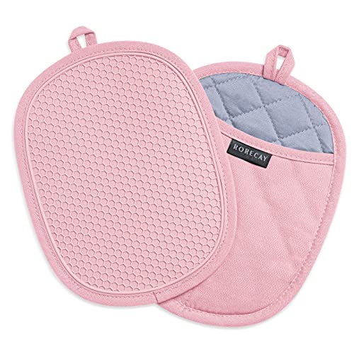 Rorecay Silikon-Topflappen-Sets: hitzebeständige Ofen-Heißpads mit Taschen, rutschfester Griff, große Topflappen für Küche, Backen, Kochen, gesteppte Auskleidung, 24 x 19 cm, Rosa, 2 Stück von rorecay