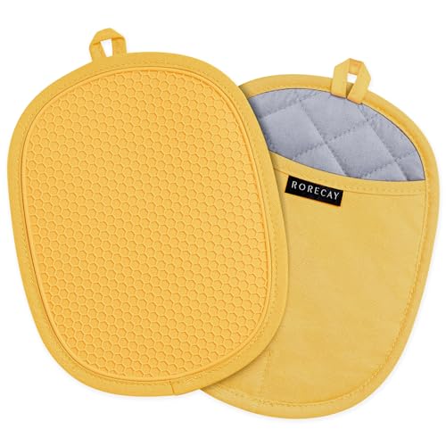 Rorecay Silikon-Topflappen-Sets: hitzebeständige Ofen-Heißpads mit Taschen, rutschfester Griff, große Topflappen für Küche, Backen, Kochen, gesteppter Einsatz, 24 x 20 cm (Gelb, 2) von rorecay