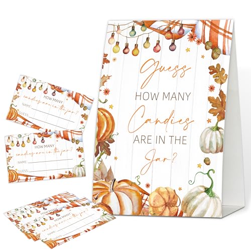 Baby-Party-Spiele mit Aufschrift "How Many Candies Are In the Jar Herbst", 1 Schild und 50 Karten, "A Little Pumpkin Is On The Way", Babyparty-Dekorationen für Geschlechtsoffenbarung von rorusio