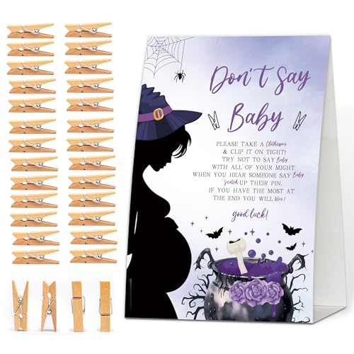 Dont Say Baby Halloween Gender Reveal Games, 1 Schild & 50 Holz-Wäscheklammern, A Baby Is Brewing Party-Dekorationen für geschlechtsneutral, Schwangerschaftsankündigung Aktivitäten von rorusio