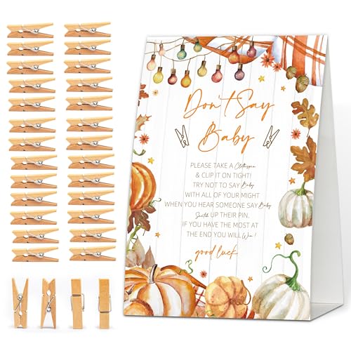 Dont Say Baby Pumpkin Fall Baby Shower Spiele, 1 Schild & 50 Holz-Wäscheklammern, A Little Pumpkin Is On The Way Dekorationen für Geschlechtsoffenbarung, Schwangerschaftsankündigung von rorusio