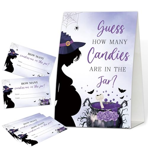 How Many Candies Are In The Jar Halloween Gender Reveal Games, 1 Schild & 50 Karten, A Baby Is Brewing Halloween Babyparty-Dekorationen für geschlechtsneutrale Schwangerschaftsankündigung Aktivitäten von rorusio