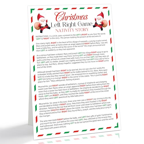 Krippengeschichte – Pass the Present Christmas Left Right Games for Families, Church, Large Groups, 20,3 x 27,9 cm, stehendes Schild für Weihnachtsgeschenkaustausch-Ideen, rot und grün Thema Urlaub von rorusio