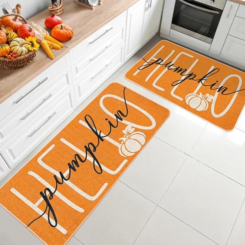 Küchenteppich-Set mit 2 orangefarbenen Hello-Kürbis-Herbst-Küchen-Fußmatten für Boden, Herbst, Erntedankfest, Bauernhaus, Anti-Ermüdung, Badezimmerteppich, saisonale Ernte, Innenbereich, Badematte Küchenteppich-Set mit 2 orangefarbenen Hello-Kürbis-Herbst-Küchen-Fußmatten für Boden, Herbst, Erntedankfest, Bauernhaus, Anti-Ermüdung, Badezimmerteppich, saisonale Ernte, Innenbereich, Badematte von rosulasi