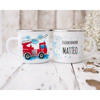 Kindertasse Feuerwehr Emaille Tasse Personalisiert | Tatütata Becher Kinder Mit Namen Polizei Feuerwehrmann Feuerwehrauto von rotekirschen