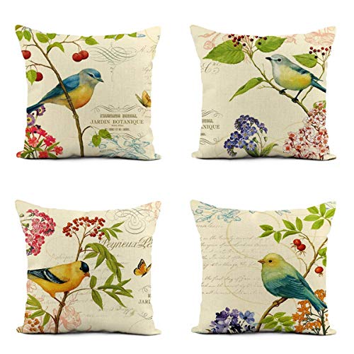Rurpali Set of 4 Linen Throw Pillow Cover 20x20 Inch Spring Vintage Watercolor Birds Flowers Green Plants Home Decor Pillowcase Square Cushion Cover for Sofa Bed Couch von rouihot