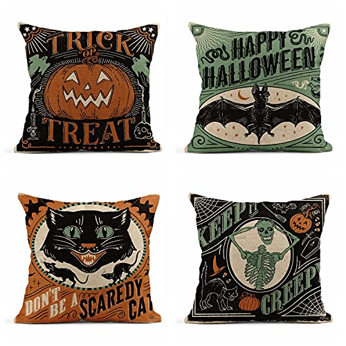 rouihot 4er-Set Leinen-Kissenbezüge, 45,7 x 45,7 cm, Vintage, Halloween, Gruselige Katzen, Kürbisse, Skelette, Heimdekoration, Kissenbezug, quadratisch, für Sofa, Bett, Couch von rouihot